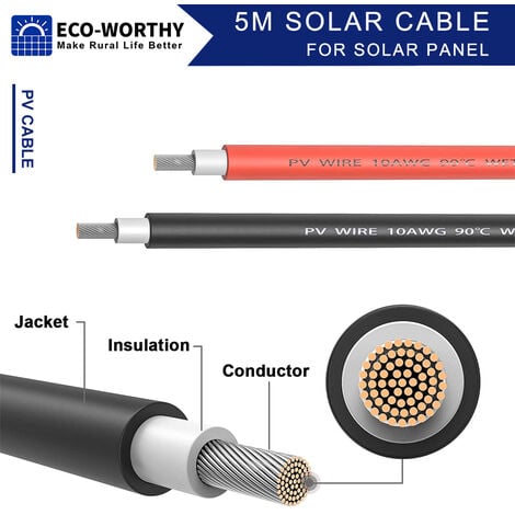 ECO-WORTHY 1 paio di cavi solari da 5 m Cavo di prolunga da 4 mm² per moduli solari pannello solare