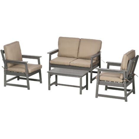 Outsunny Set da Giardino 2 Poltrone, Divano e Tavolino HDPE con Cuscini Grigio