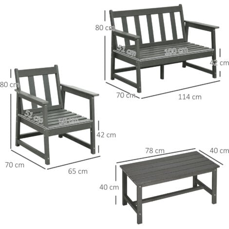 Outsunny Set da Giardino 2 Poltrone, Divano e Tavolino HDPE con Cuscini Grigio