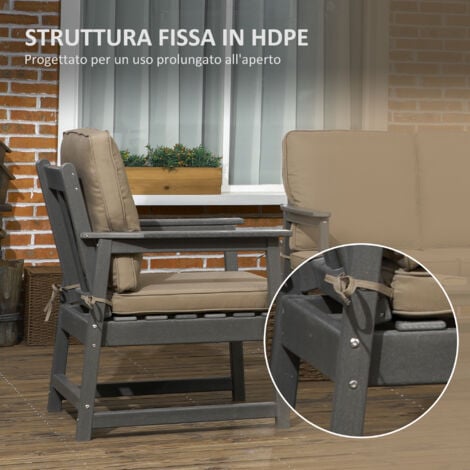 Outsunny Set da Giardino 2 Poltrone, Divano e Tavolino HDPE con Cuscini Grigio