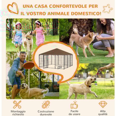 PawHut Recinzione per Cani in Metallo con Porticina per Ciotole Nero e Marrone