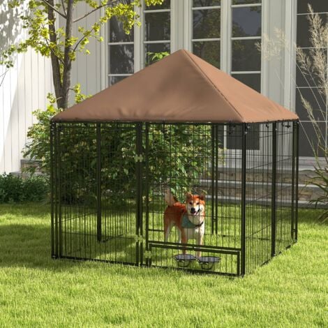 PawHut Recinzione per Cani in Metallo con Ingresso per Ciotole Nero e Marrone