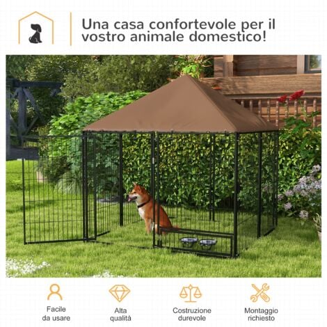 PawHut Recinzione per Cani in Metallo con Ingresso per Ciotole Nero e Marrone