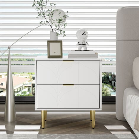 Comodino moderno con piedini e pomelli placcati oro, motivo floreale, set da 2 con 2 cassetti, laccato, angoli con design antiurto, 50 L40 P54 A cm, bianco OKWISH