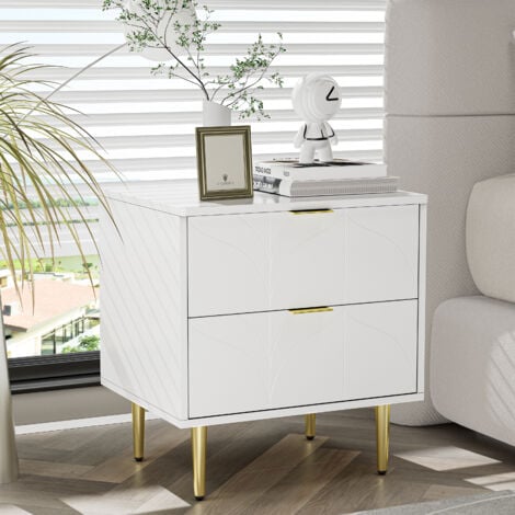 Comodino moderno con piedini e pomelli placcati oro, motivo floreale, set da 2 con 2 cassetti, laccato, angoli con design antiurto, 50 L40 P54 A cm, bianco OKWISH