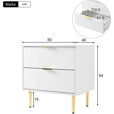 Comodino moderno con piedini e pomelli placcati oro, motivo floreale, set da 2 con 2 cassetti, laccato, angoli con design antiurto, 50 L40 P54 A cm, bianco OKWISH