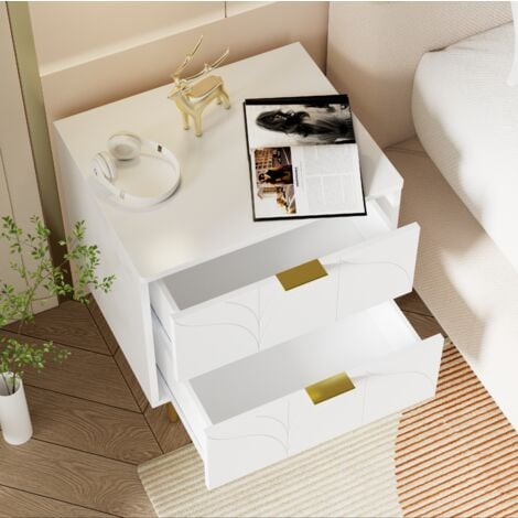 Comodino moderno con piedini e pomelli placcati oro, motivo floreale, set da 2 con 2 cassetti, laccato, angoli con design antiurto, 50 L40 P54 A cm, bianco OKWISH