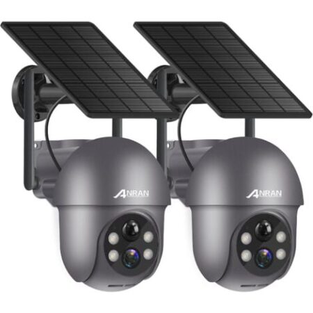 ANRAN (2 Confezioni) 2K HD Telecamera WiFi Esterno Senza Fili a Batteria, 360° PTZ Telecamera con Pannello Solare, Rilevatore di Movimento PIR con Allarmi, Visione Notturna, Audio a 2 Vie, Q1 Grigio
