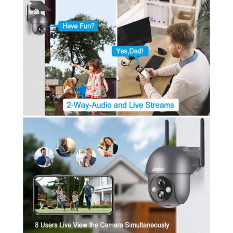 ANRAN (2 Confezioni) 2K HD Telecamera WiFi Esterno Senza Fili a Batteria, 360° PTZ Telecamera con Pannello Solare, Rilevatore di Movimento PIR con Allarmi, Visione Notturna, Audio a 2 Vie, Q1 Grigio