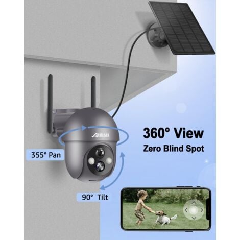 ANRAN (2 Confezioni) 2K HD Telecamera WiFi Esterno Senza Fili a Batteria, 360° PTZ Telecamera con Pannello Solare, Rilevatore di Movimento PIR con Allarmi, Visione Notturna, Audio a 2 Vie, Q1 Grigio