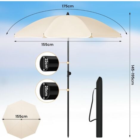 WOLTU Ombrellone da Giardino Rotondo da 1,75 m con con Funzione di Inclinazione e Altezza Regolabile Beige