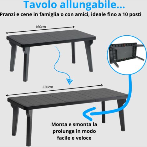 Tavolo da giardino allungabile in plastica BERG 160-220x90x74 cm - Antracite