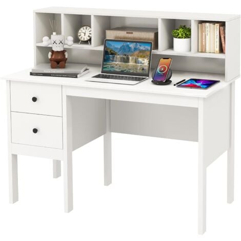 COSTWAY Scrivania con Cassetti e Libreria, Scrivania Moderna con Prese Elettriche, 5 Vani, 2 Cassetti e Porte USB, Scrivania Salvaspazio da Ufficio e Casa, Bianco