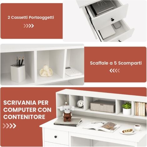 COSTWAY Scrivania con Cassetti e Libreria, Scrivania Moderna con Prese Elettriche, 5 Vani, 2 Cassetti e Porte USB, Scrivania Salvaspazio da Ufficio e Casa, Bianco