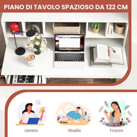 COSTWAY Scrivania con Cassetti e Libreria, Scrivania Moderna con Prese Elettriche, 5 Vani, 2 Cassetti e Porte USB, Scrivania Salvaspazio da Ufficio e Casa, Bianco