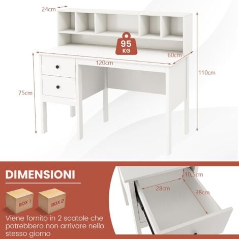 COSTWAY Scrivania con Cassetti e Libreria, Scrivania Moderna con Prese Elettriche, 5 Vani, 2 Cassetti e Porte USB, Scrivania Salvaspazio da Ufficio e Casa, Bianco
