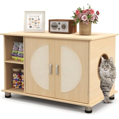 COSTWAY Mobile per Lettiera per Gattini e Gatti Adulti, Casetta per Gatti con Porte Sisal per Graffi, Piedini Metallici Regolabili e Spazio di Stoccaggio, Tavolino Moderno e Versatile per Soggiorno
