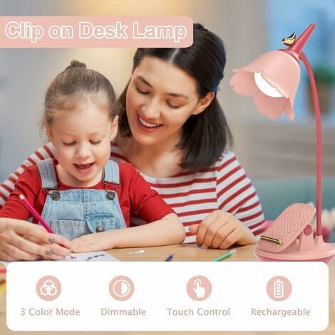 Lampada da scrivania rosa con morsetto, piccola lampada da scrivania a LED ricaricabile, collo di cigno regolabile, lampada da scrivania carina dimmerabile