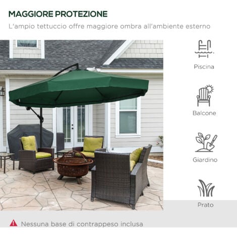 Outsunny Ombrellone a Braccio 3x3 m con Apertura a Manovella e Zanzariera Verde