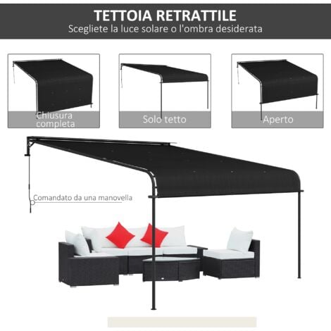 Pergola Addossata 3x4 m con Tettoia Retrattile e Manovella in Acciaio e Poliestere Grigio Scuro