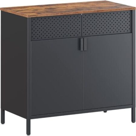 Armadietto portaoggetti, Armadietto da pavimento con doppie ante e chiusura magnetica, ripiano regolabile, struttura in acciaio, stile industriale, salvaspazio, marrone rustico e nero LSC102B01