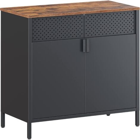 Armadietto portaoggetti, Armadietto da pavimento con doppie ante e chiusura magnetica, ripiano regolabile, struttura in acciaio, stile industriale, salvaspazio, marrone rustico e nero LSC102B01