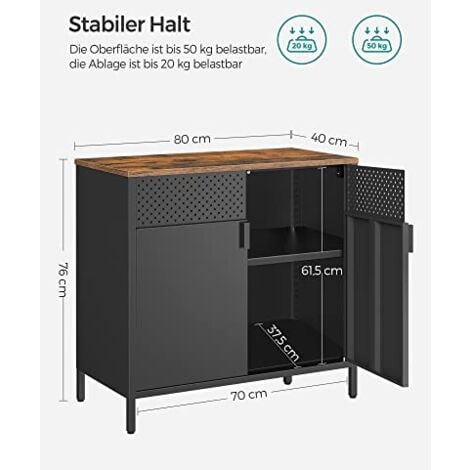 Armadietto portaoggetti, Armadietto da pavimento con doppie ante e chiusura magnetica, ripiano regolabile, struttura in acciaio, stile industriale, salvaspazio, marrone rustico e nero LSC102B01