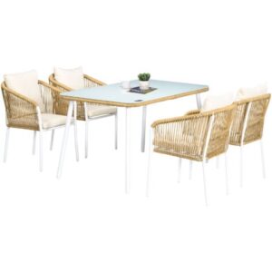 Outsunny Set da Giardino Rattan PE 4 Sedie Impilabili e Tavolo in Vetro Giallo