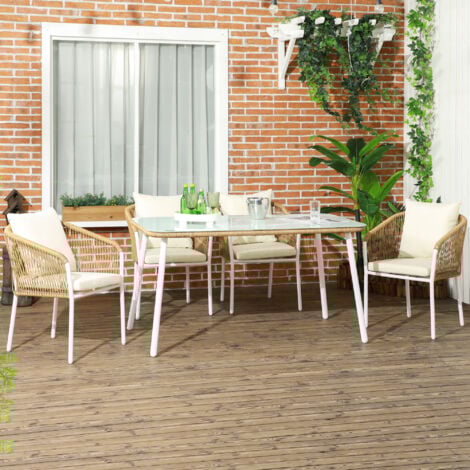 Outsunny Set da Giardino Rattan PE 4 Sedie Impilabili e Tavolo in Vetro Giallo