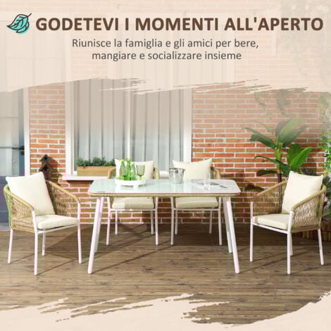 Outsunny Set da Giardino Rattan PE 4 Sedie Impilabili e Tavolo in Vetro Giallo