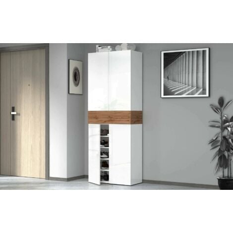 Dmora - Scarpiera Asklol, Porta scarpe salvaspazio a 5 ante, Armadio multifunzione da ingresso, 76x38h200 cm, Bianco lucido e Rovere