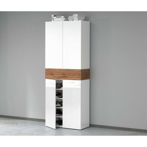 Dmora - Scarpiera Asklol, Porta scarpe salvaspazio a 5 ante, Armadio multifunzione da ingresso, 76x38h200 cm, Bianco lucido e Rovere