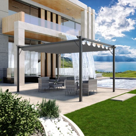 Gazebo Pergola 3 x 4 M Pergolato Con Telo Grigio Impermeabile Retrattile Richiudibile Struttura In Acciaio Per Giardino Terrazzo Piscina Esterno Fiere Campeggio Design Elegante Moderno