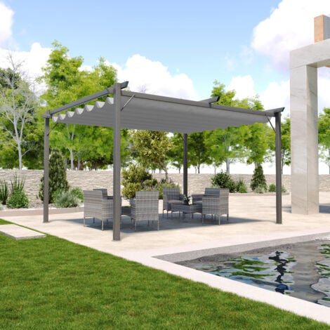 Gazebo Pergola 3 x 4 M Pergolato Con Telo Grigio Impermeabile Retrattile Richiudibile Struttura In Acciaio Per Giardino Terrazzo Piscina Esterno Fiere Campeggio Design Elegante Moderno