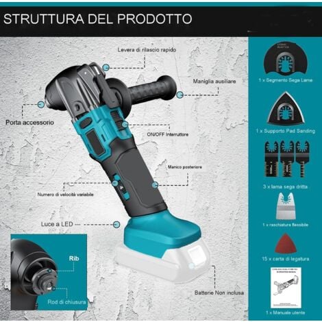 Strumento multifunzione, altalena a batteria, altalena , 6 velocità, 22 lame per smontaggio, raschiatura, taglio, 2x batteria 3.0A + caricabatterie, compatibile con batterie Makita