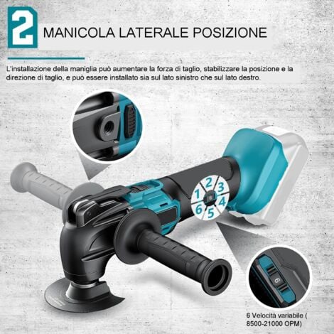 Strumento multifunzione, altalena a batteria, altalena , 6 velocità, 22 lame per smontaggio, raschiatura, taglio, 2x batteria 3.0A + caricabatterie, compatibile con batterie Makita