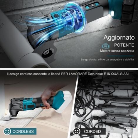 Strumento multifunzione, altalena a batteria, altalena , 6 velocità, 22 lame per smontaggio, raschiatura, taglio, 2x batteria 3.0A + caricabatterie, compatibile con batterie Makita