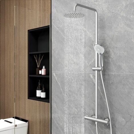Colonna doccia con miscelatore termostatico, OCEAN Rubinetto Tondo 280x40mm con Soffione Tondo 20x20cm, Saliscendi Doccia Tondo in Acciaio Inox Cromato