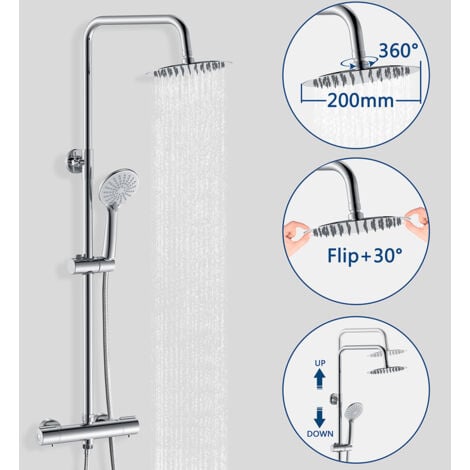 Colonna doccia con miscelatore termostatico, OCEAN Rubinetto Tondo 280x40mm con Soffione Tondo 20x20cm, Saliscendi Doccia Tondo in Acciaio Inox Cromato