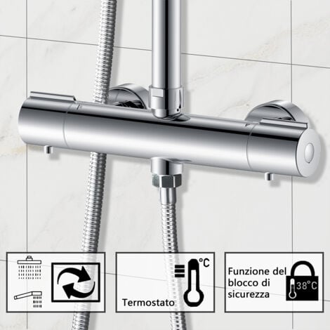 Colonna doccia con miscelatore termostatico, OCEAN Rubinetto Tondo 280x40mm con Soffione Tondo 20x20cm, Saliscendi Doccia Tondo in Acciaio Inox Cromato