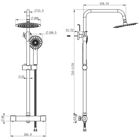Colonna doccia con miscelatore termostatico, OCEAN Rubinetto Tondo 280x40mm con Soffione Tondo 20x20cm, Saliscendi Doccia Tondo in Acciaio Inox Cromato