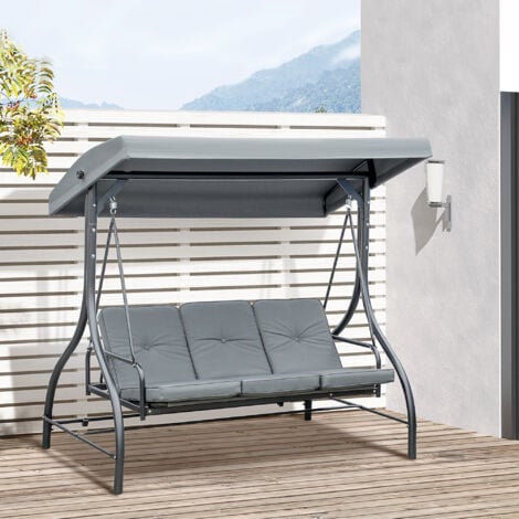 Outsunny Dondolo 3 Posti Convertibile in Lettino con Tettuccio Grigio Scuro