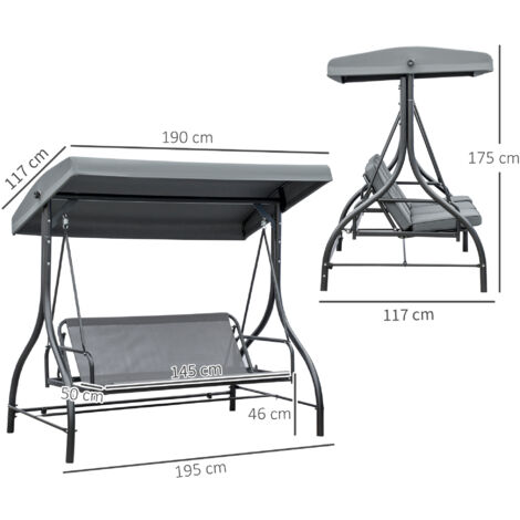 Outsunny Dondolo 3 Posti Convertibile in Lettino con Tettuccio Grigio Scuro