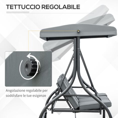 Outsunny Dondolo 3 Posti Convertibile in Lettino con Tettuccio Grigio Scuro