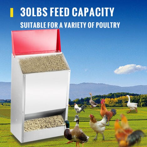 VEVOR Mangiatoia per Pollame Galvanizzata Contiene 30 libbre per Pollame 13,8x8,3x17,7 Pollici Mangiatoia per Polli Appesa con Coperchio Dispenser di Cibo per Pollaio