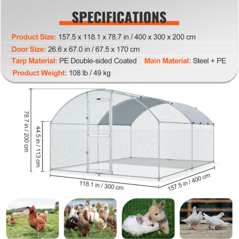 VEVOR Recinto per Galline in Metallo per Esterni 400x300x200 cm, Gabbia per Pollame Telone Impermeabile Tetto Cupola, Recinto per Galline Doppia Porta Rete Metallica per Oche, Anatre, Conigli, Pollame