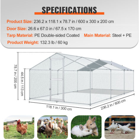 Mophorn Grande pollaio in metallo con recinto Gabbia per pollame Walk-In Copertura impermeabile 19,7 x 9,8 x 6,6 piedi Tetto a punta per pollaio Anatra Coniglio Argento