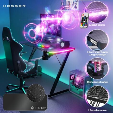 KESSER® Ultimate Gaming Desk  Scrivania da gioco con telaio a Z e portabicchieri  Gancio per cuffie  Scrivania per computer Scrivania per PC Scrivania ergonomica per giocatori  100 x 60 cm  Carbonio n