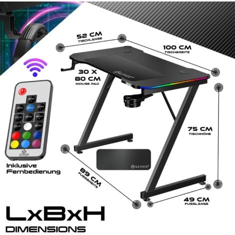 KESSER® Ultimate Gaming Desk  Scrivania da gioco con telaio a Z e portabicchieri  Gancio per cuffie  Scrivania per computer Scrivania per PC Scrivania ergonomica per giocatori  100 x 60 cm  Carbonio n