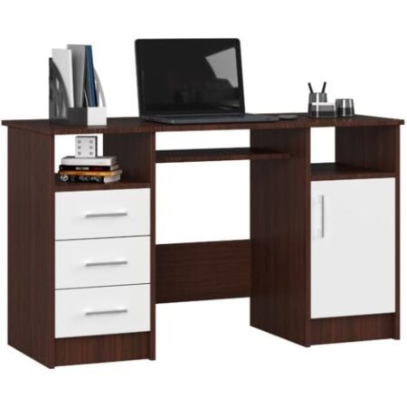 Scrivania AKORD ANA Wengé 124 cm 1 anta 3 cassetti inserto frontale Bianco 124x52x74 cm